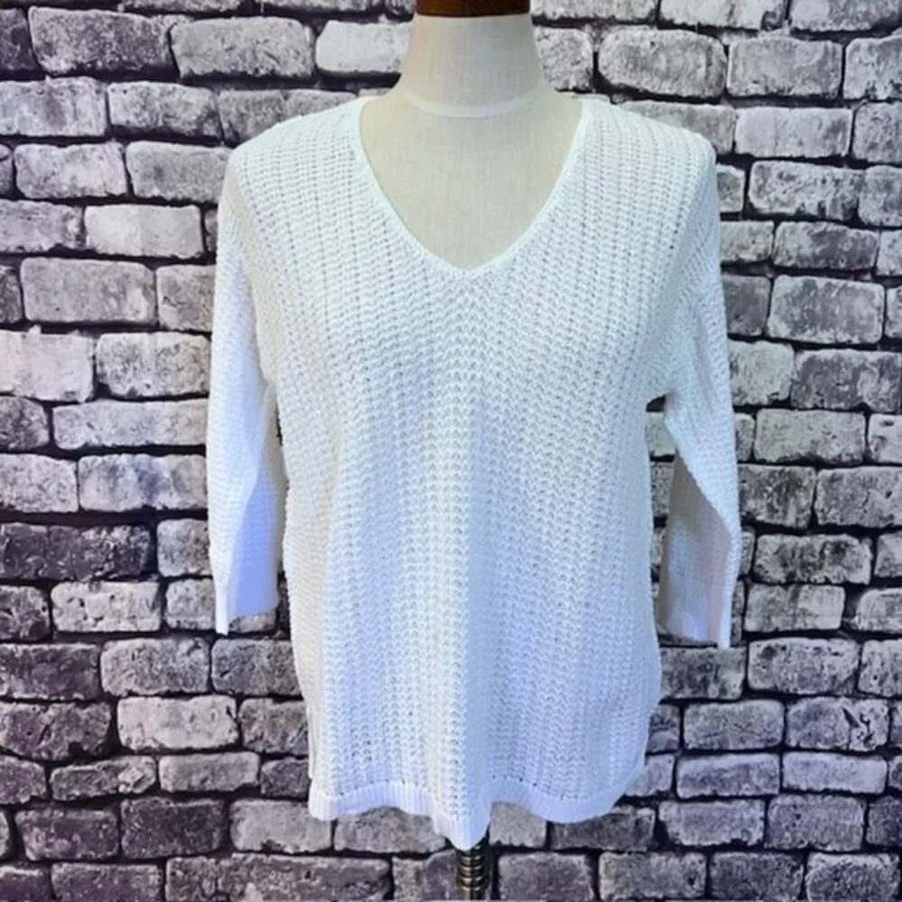 J. Jill White V-Neck 3/4 Sleeve Pullover Sweater Size L