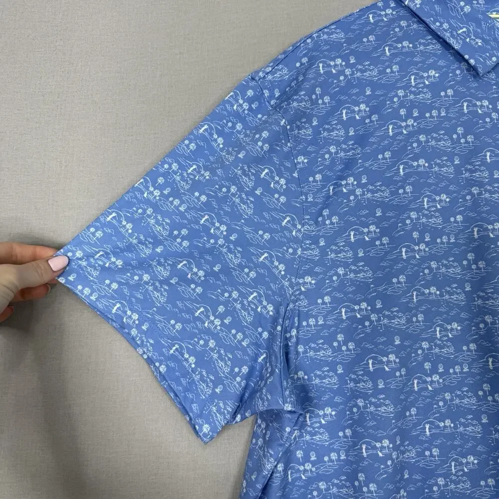 J.Crew Performance Mens Polo Shirt XXL Blue Golf Course Palm Tree Dog Printed