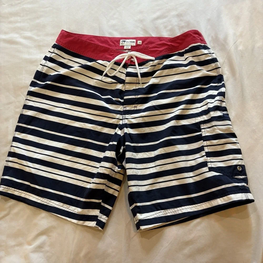 J Crew Swim Trunks Board Shorts Navy Stripe Lined Mens Size 36, 9