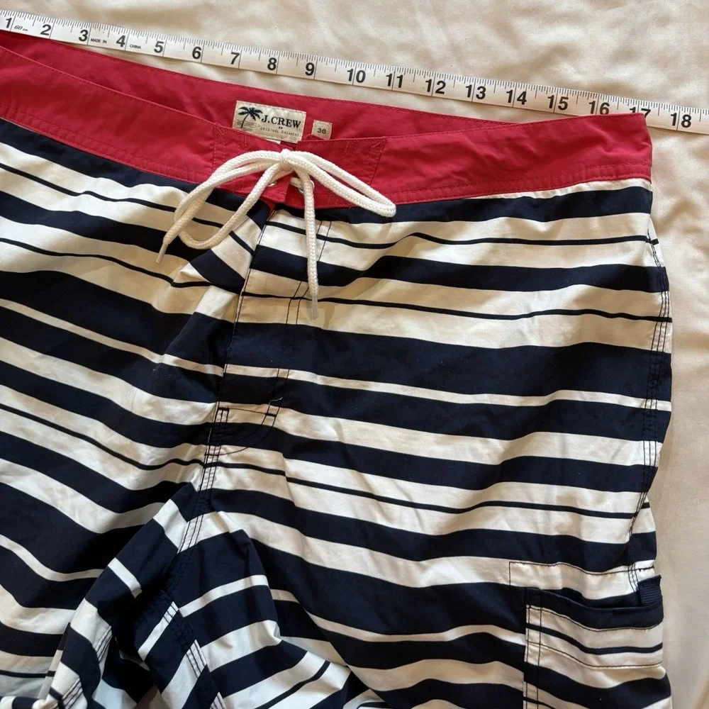 J Crew Swim Trunks Board Shorts Navy Stripe Lined Mens Size 36, 9