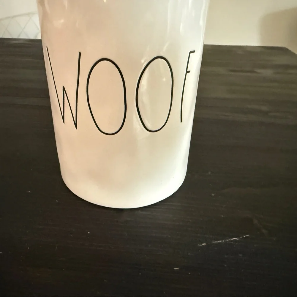 Rae Dunn WOOF Ceramic Pet Dog Treats Canister W/Lid White By Magenta