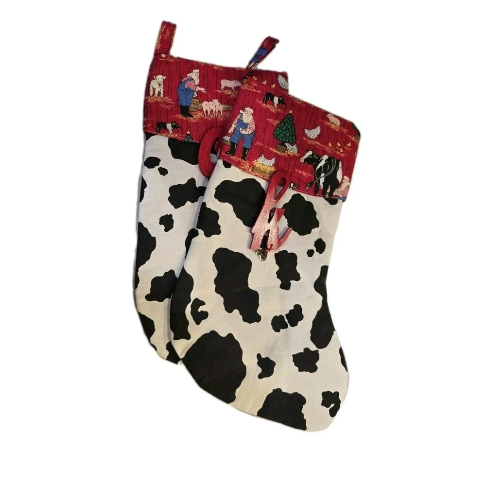 Lot Of 2 Christmas stockings black & white cow print farm Animals‎ Farmer Santa