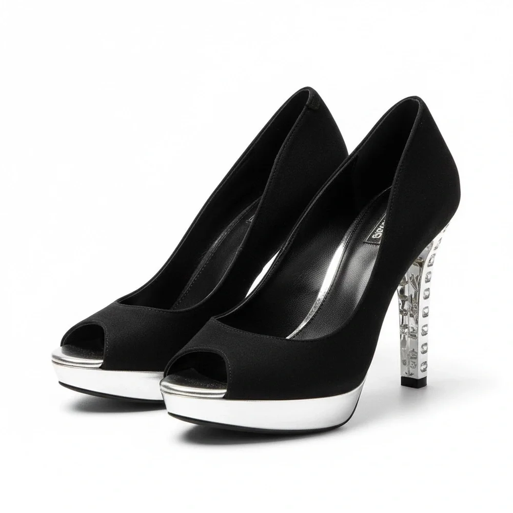 Simply Vera Vera Wang Black & Silver Platform Bling Heels Size 9 1/2