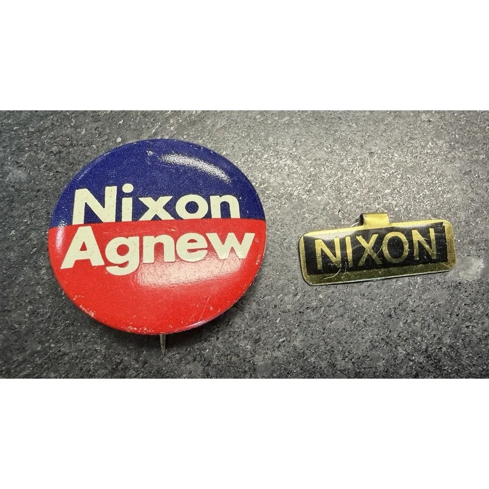 Vintage 1968 Nixon Agnew Campaign Pin Button & Nixon Green Duck Tie Clip