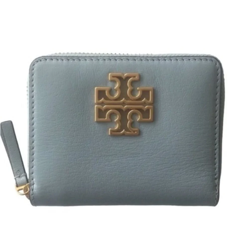 Tory Burch Britten Textured Leather Medium Blue Zip Around Wallet