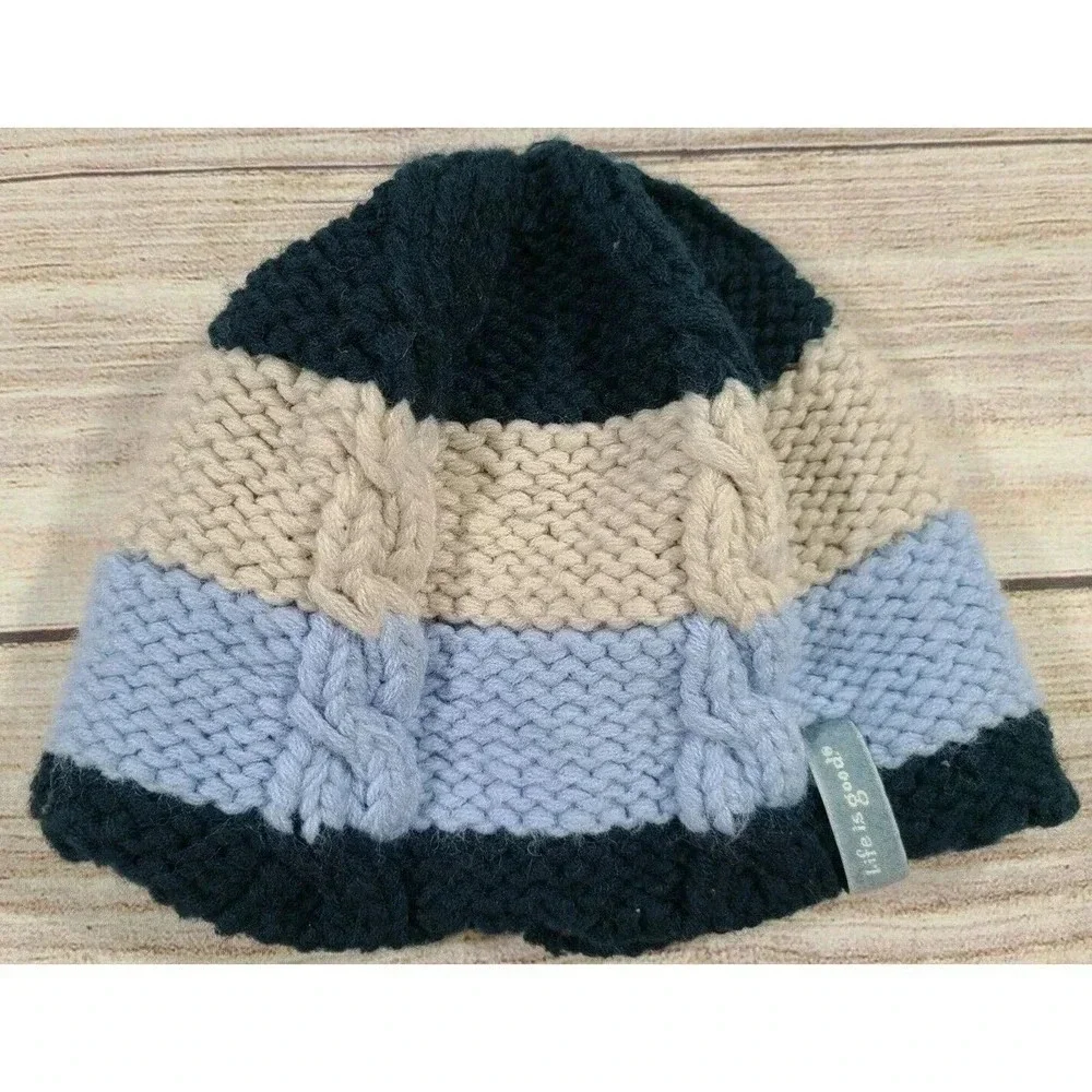 Life Is Good Kids Youth Knit Hat Beanie Blue Beige Tan