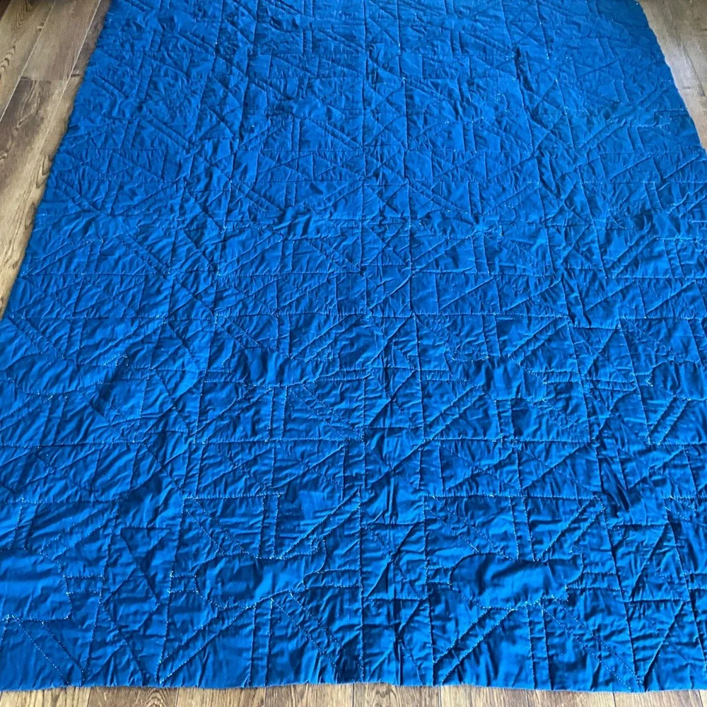 Vintage Style Peacock Applique Hand Quilted Navy Blue White Cotton Quilt Blanket