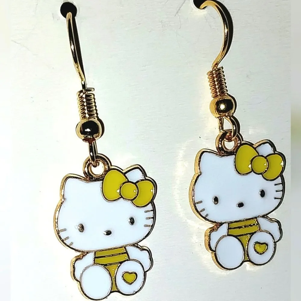 Whimsical character kitty dangle earrings for girls and women
