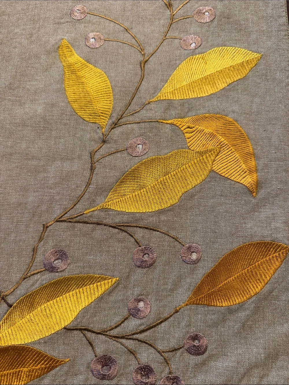 Crate&Barrel Beige Table Runner with Yellow Leaf Embroidery