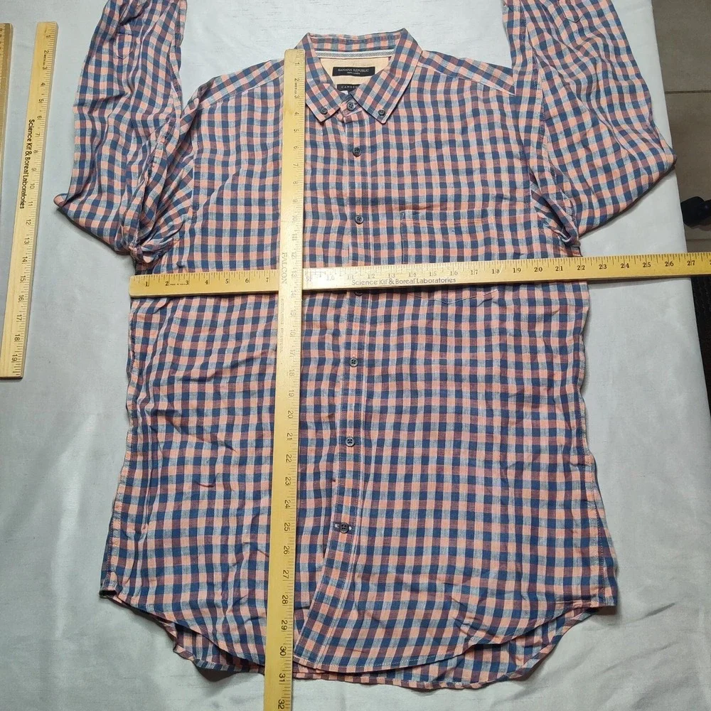 BANANA REPUBLIC CAMDEN FIT LINEN‎ Men Large Blue Orange Plaid Shirt EUC