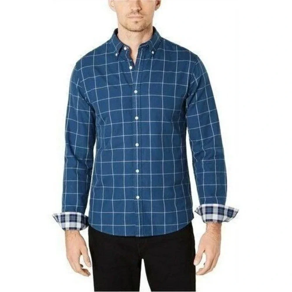 Michael Kors‎ Mens XXL Slim Fit Blue Check Button Down Shirt Long Sleeve