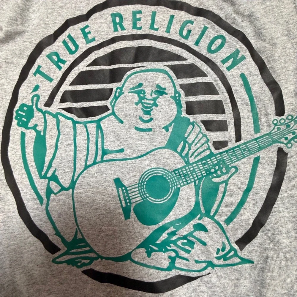 True Religion Buddha‎ Guitar Graphic T Shirt Mens Large Gray Short Sleeve Crew