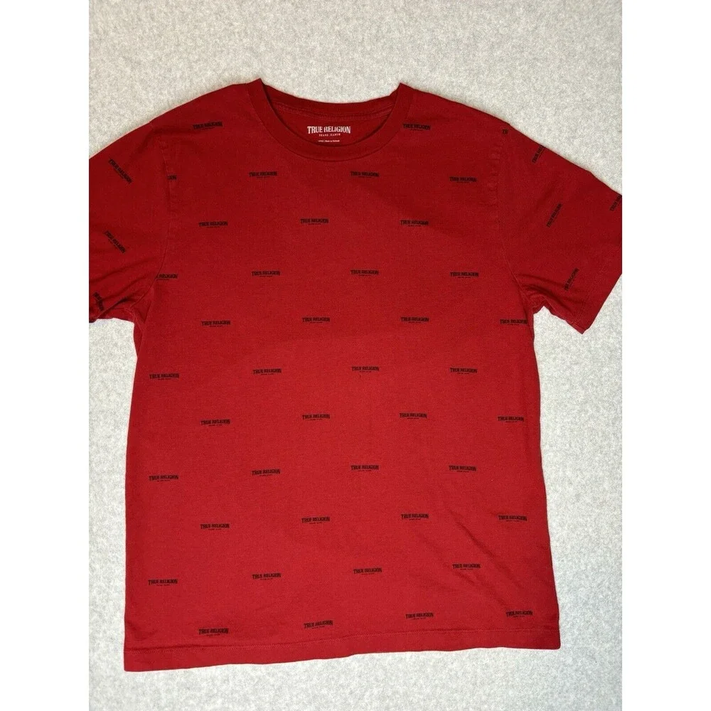 True Religion Mens Shirt All Over Print Red Crew Neck 100% Cotton Size Large‎