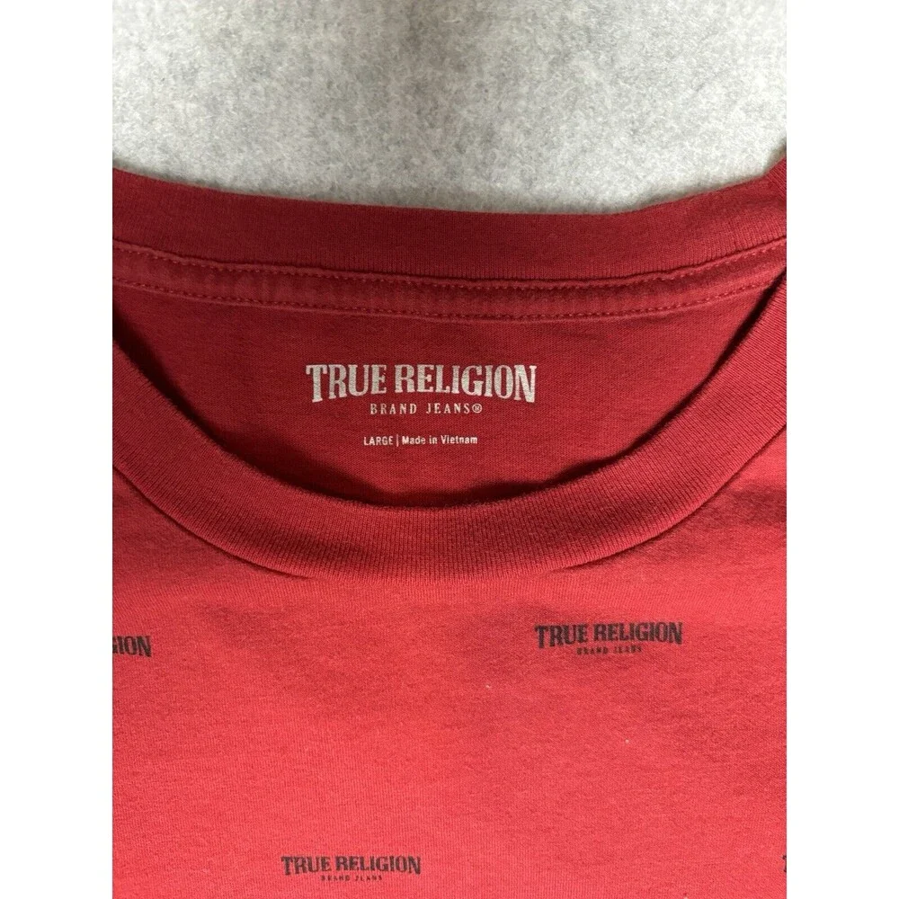 True Religion Mens Shirt All Over Print Red Crew Neck 100% Cotton Size Large‎