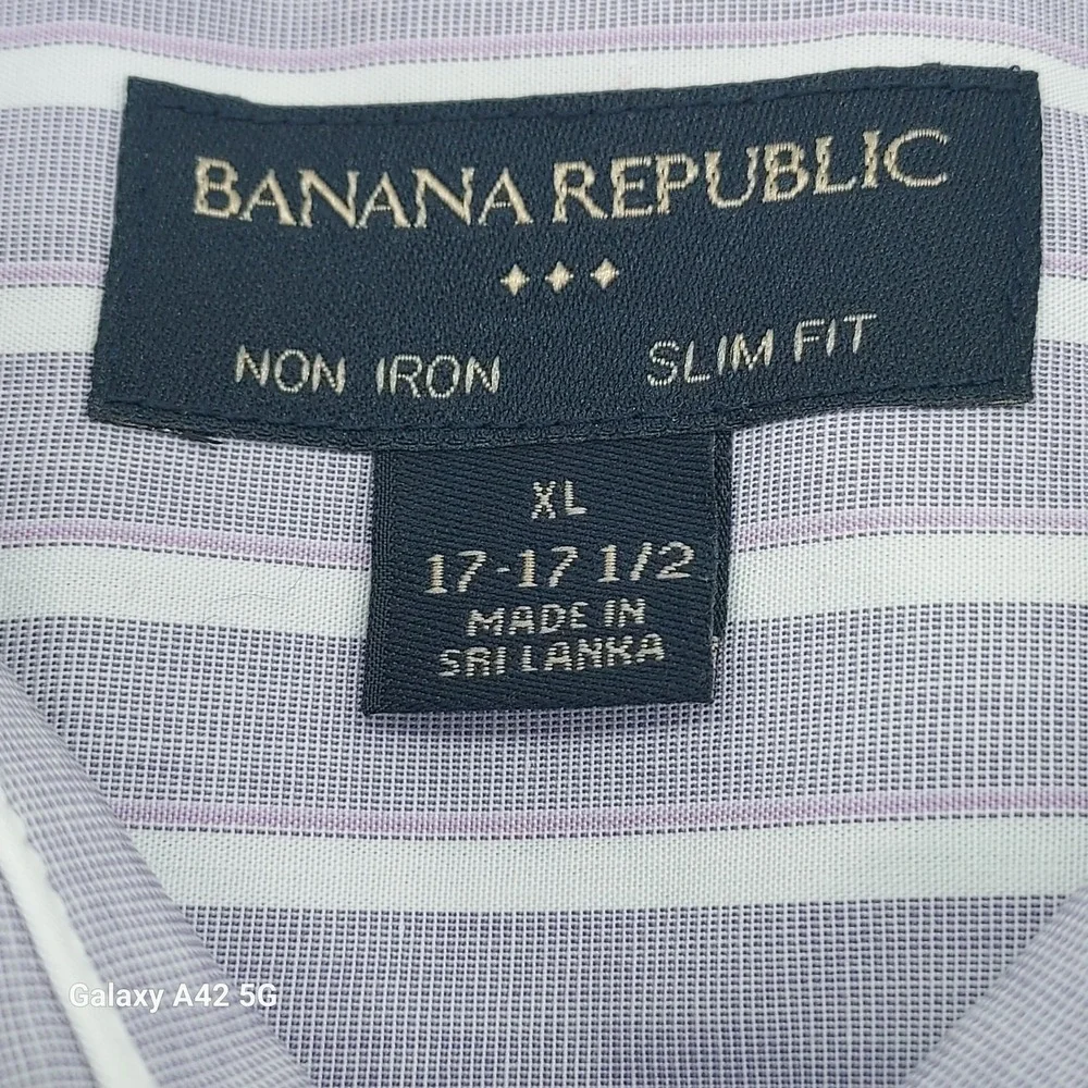 Banana Republic Mens Slim Fit Non Iron Purple White Stripe Dress Shirt XL 17 1/2
