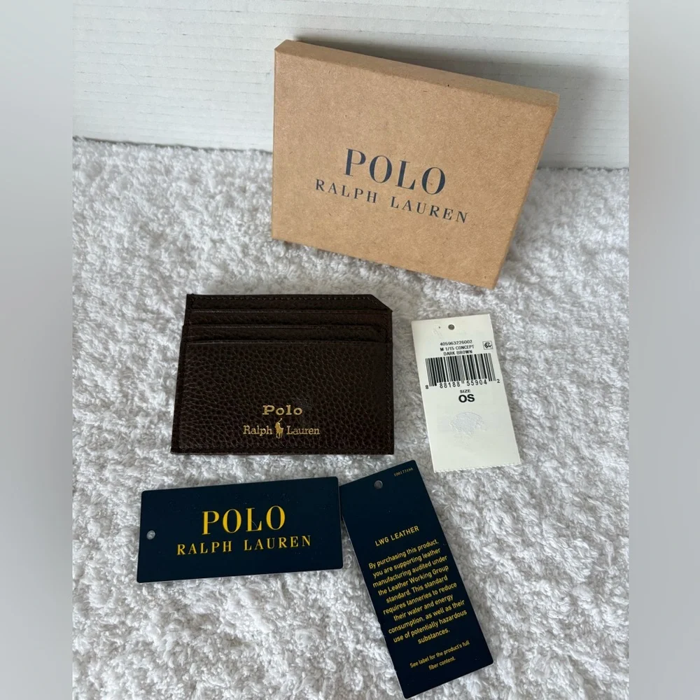 Ralph Lauren Men’s Dark Brown Leather Card Holder with Gold Logo.   NWT