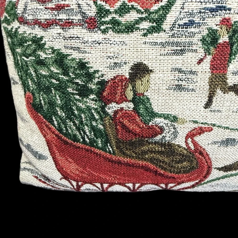 Vtg. Christmas Tapestry throw Pillow Horse Sleigh Winter Scene Holiday Decor 15