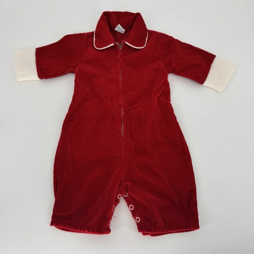 70s Vintage Sears Baby Christmas Romper 15-20lbs Size Small Red Corduroy‎