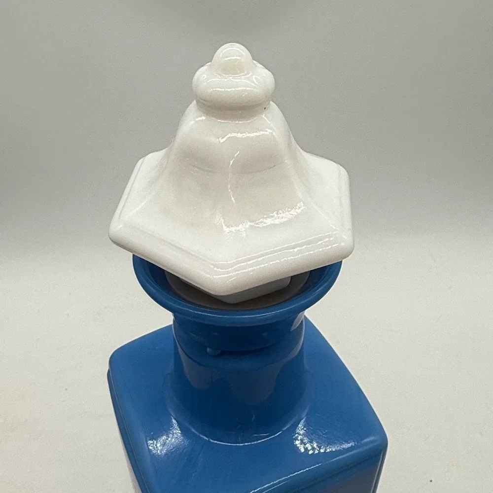 Vintage Jim Beam 1960sBlue Milk Glass Decanter Pastoral Scene White Stopper