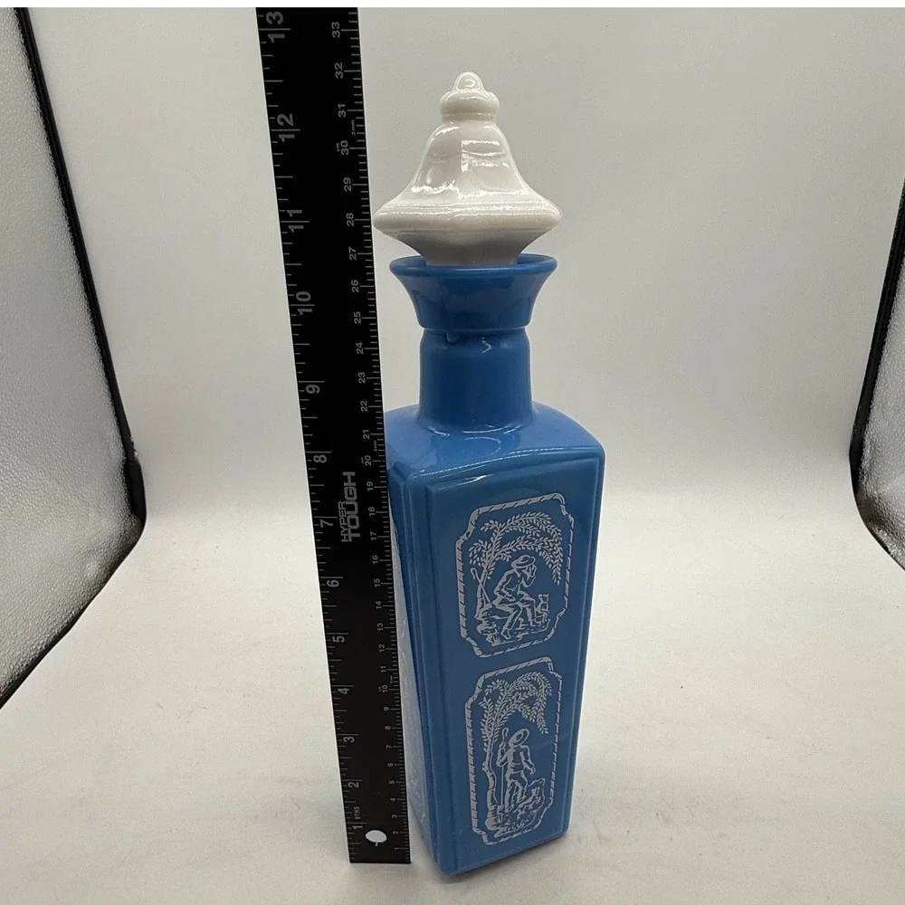 Vintage Jim Beam 1960sBlue Milk Glass Decanter Pastoral Scene White Stopper
