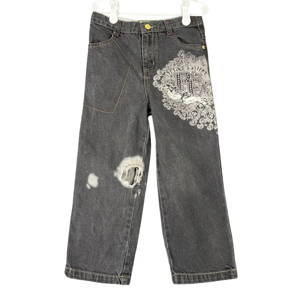 Phat Farm Kids Denim Jeans 4T Black Y2K Baggy Streetwear Graphic‎ Distressed