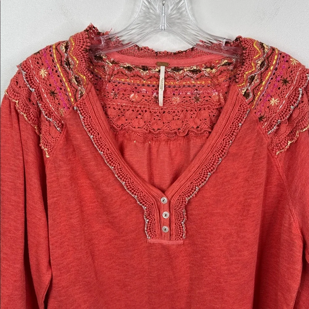 Free People Large Coral Pink Embroidered Large Thermal Henley Top We The Free