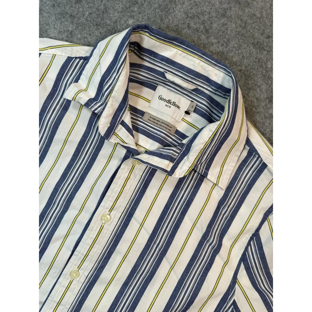 Goodfellow & Co Mens Small Short Sleeve Button Down Shirt Blue Yellow Striped