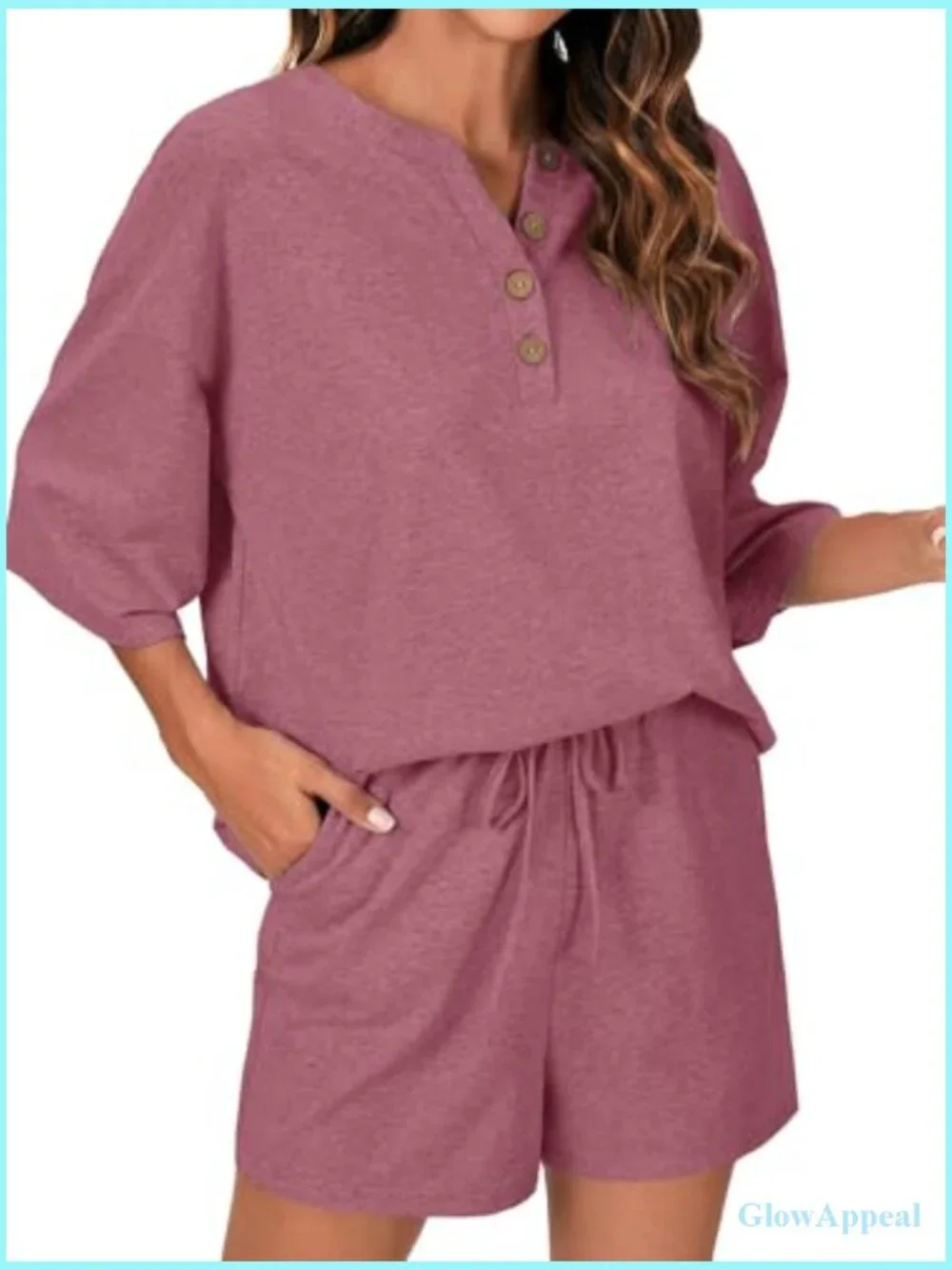 3/4 Sleeve Button Down Pajama Set with Pockets - Soft Lounge Shorts Top
