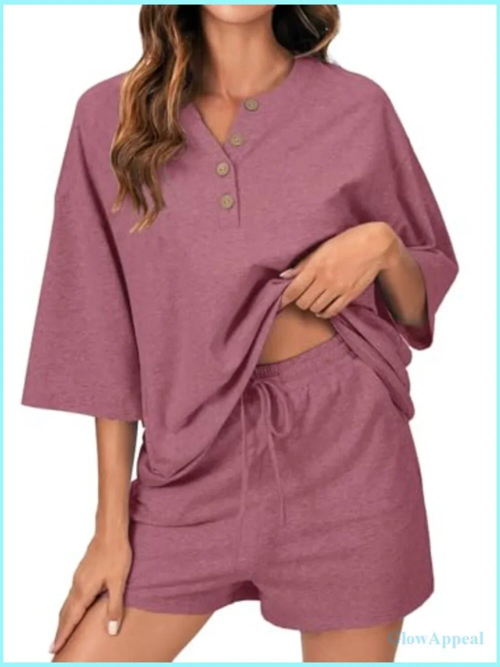 3/4 Sleeve Button Down Pajama Set with Pockets - Soft Lounge Shorts Top