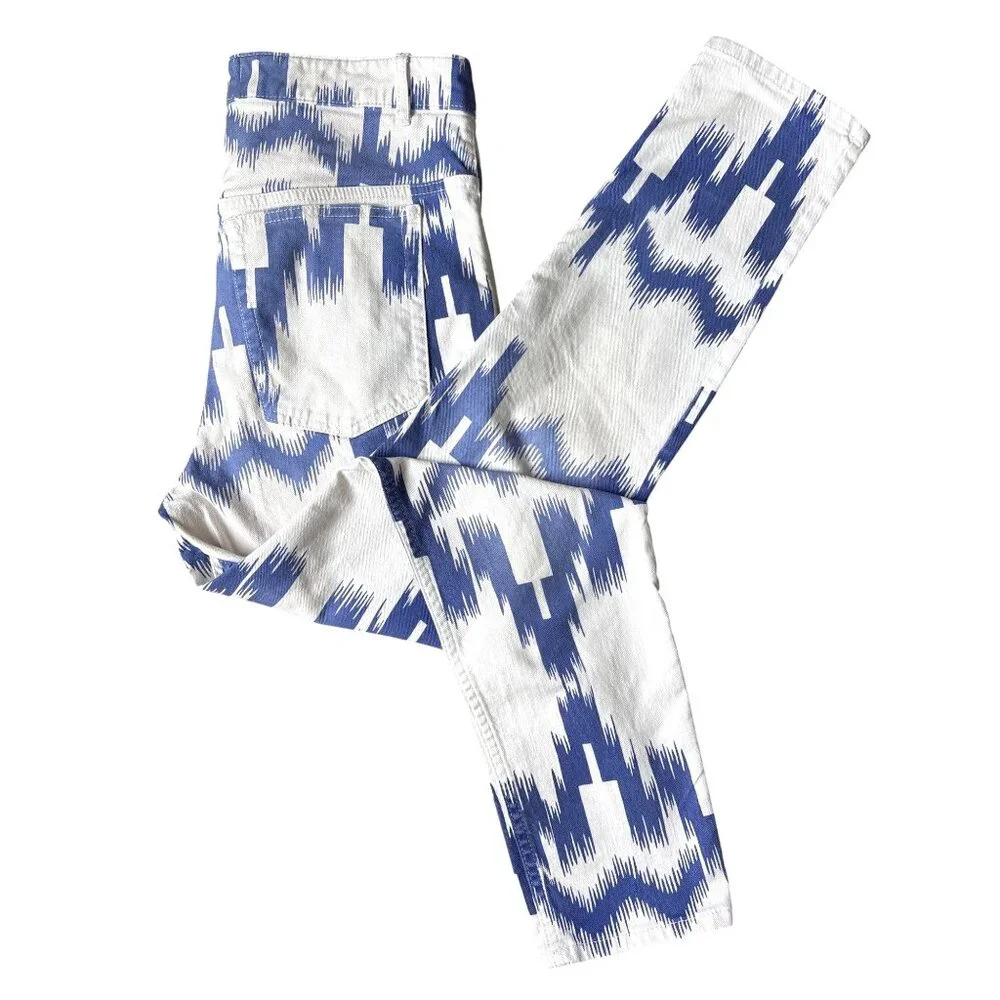 Isabel Marant Étoile Jeans Denim Lanea Trousers Pants Ikat Size 36 / 4 White Blu