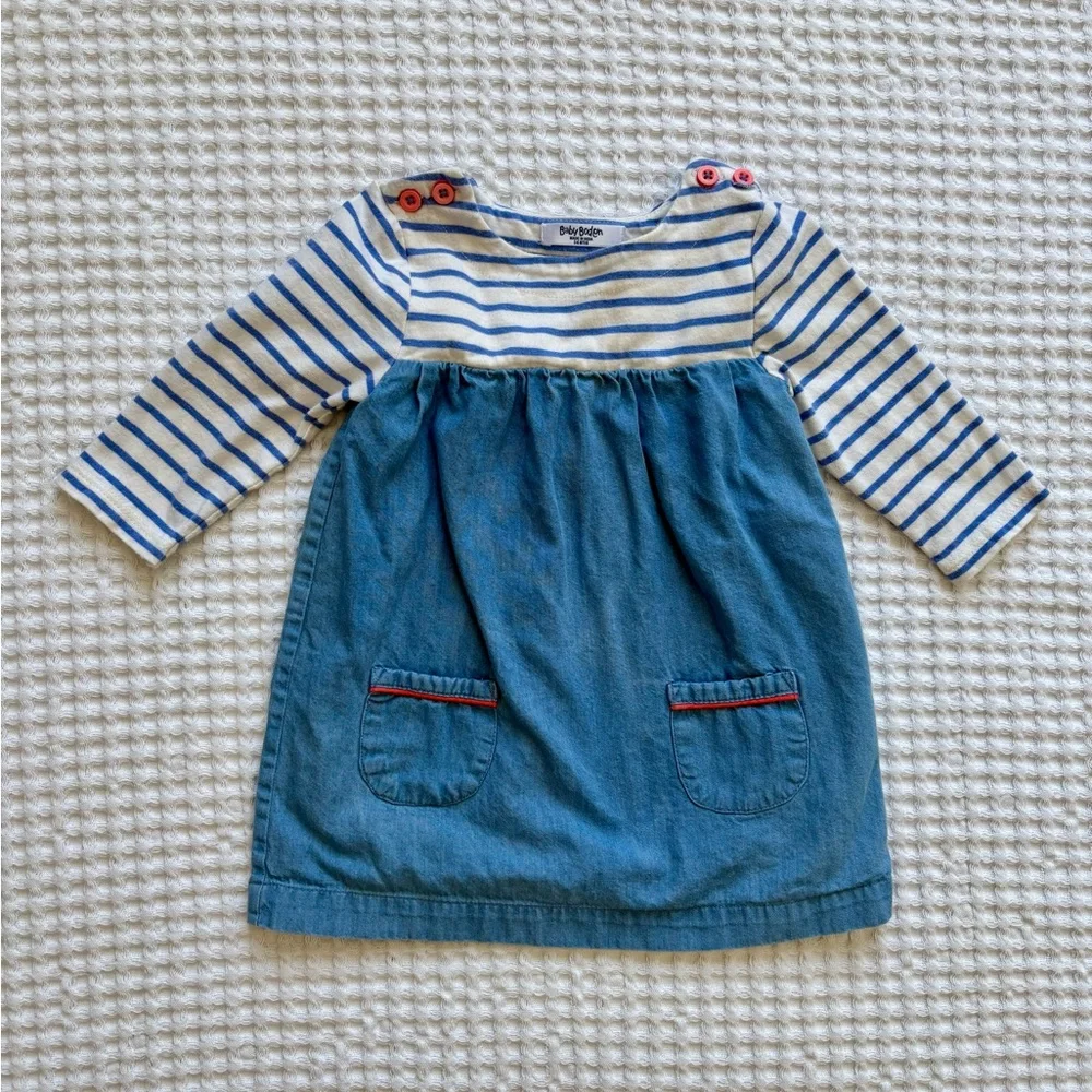 Baby Boden Hotch Potch Chambray Denim Stripe Long-Sleeve Dress: 3-6M