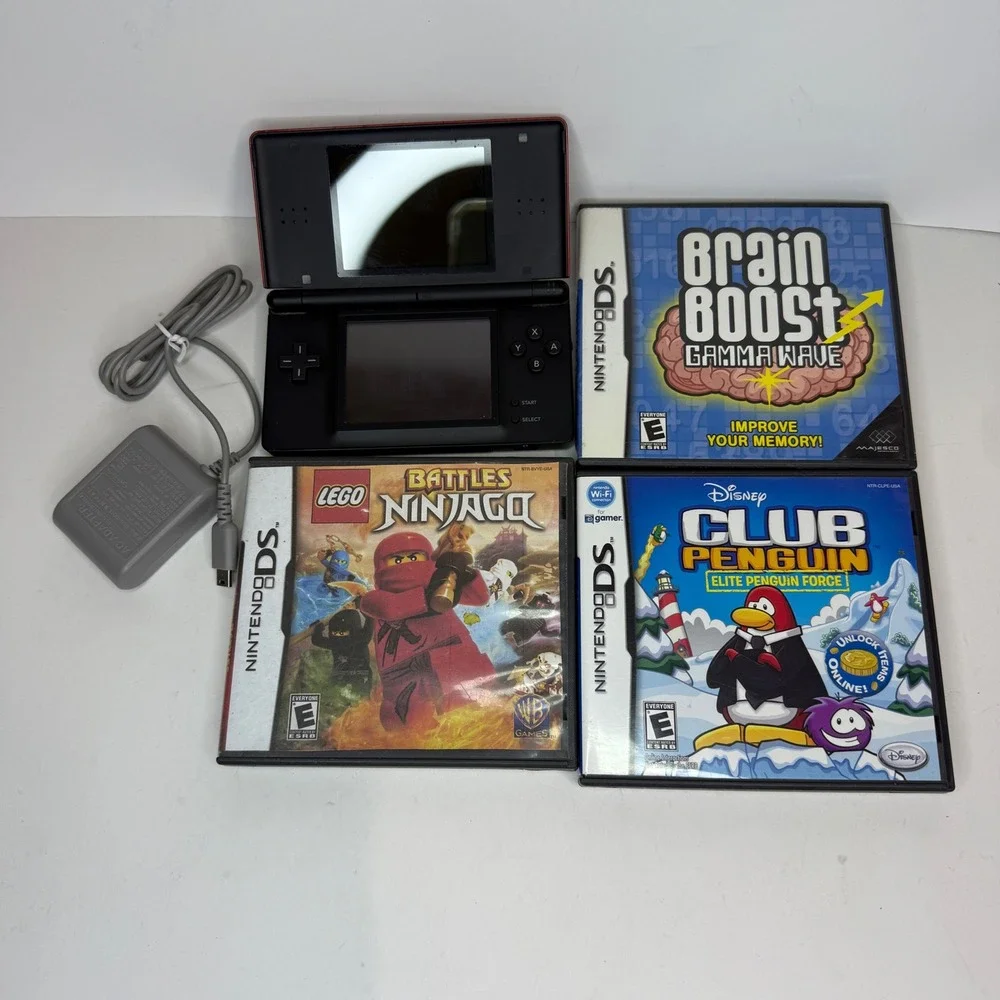 Nintendo DS Lite Crimson Red Black Console Bundle with Charger and 3 Games