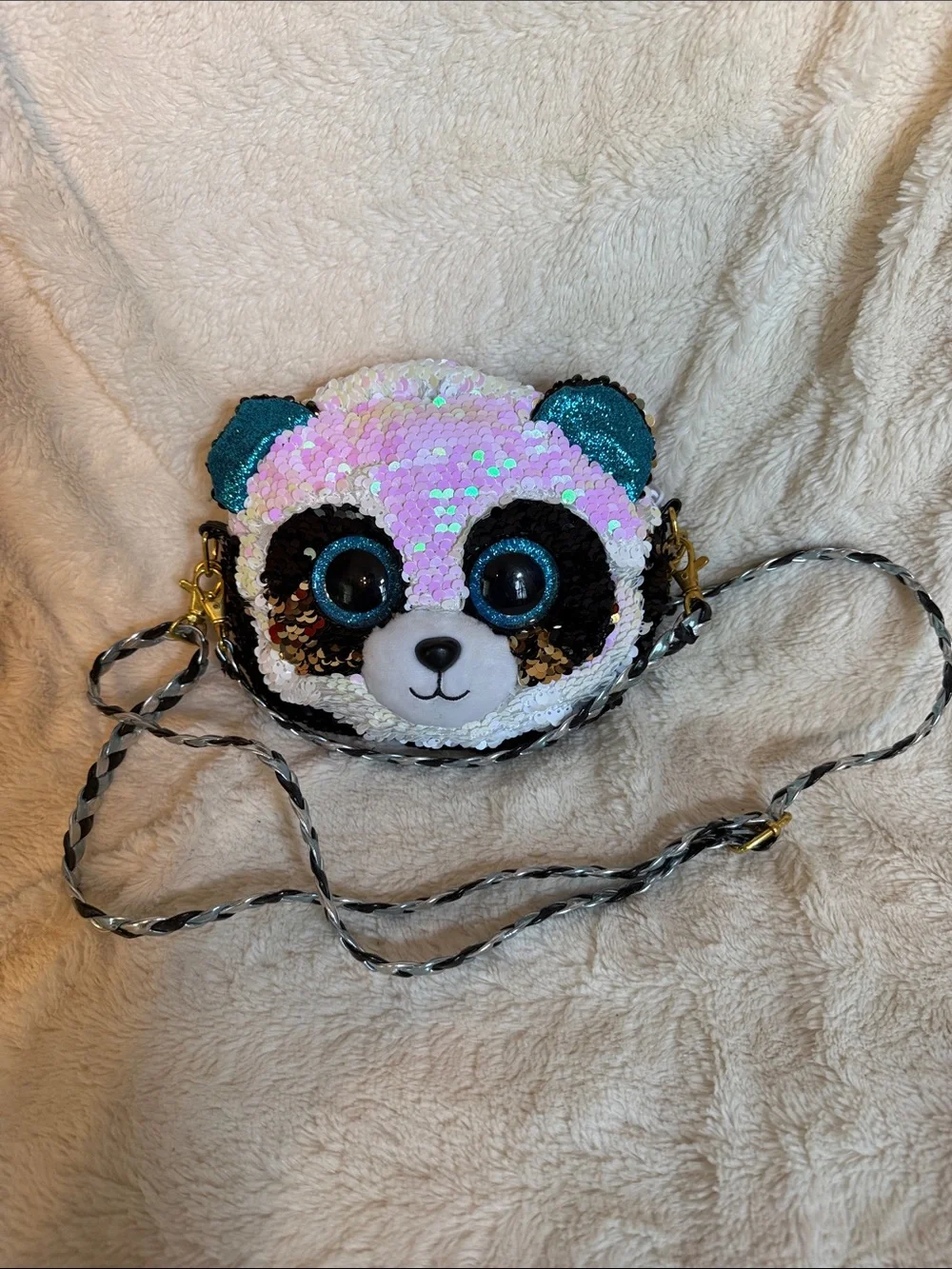 Ty Beanie Boos Bamboo the Panda Sequin Crossbody Purse White Black Iridescent