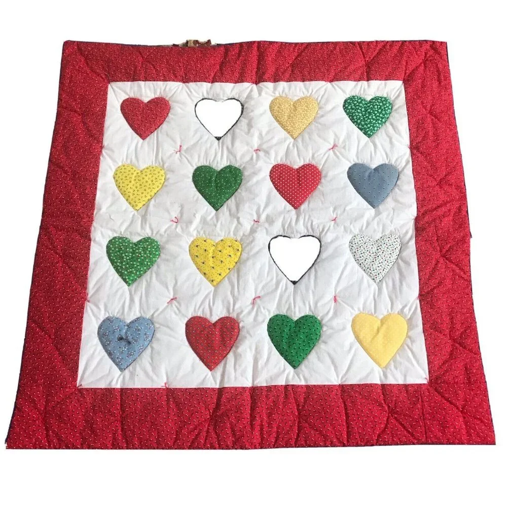 Hand tied puffy hearts quilt applique floral micro print‎ blue polka dot 33x34