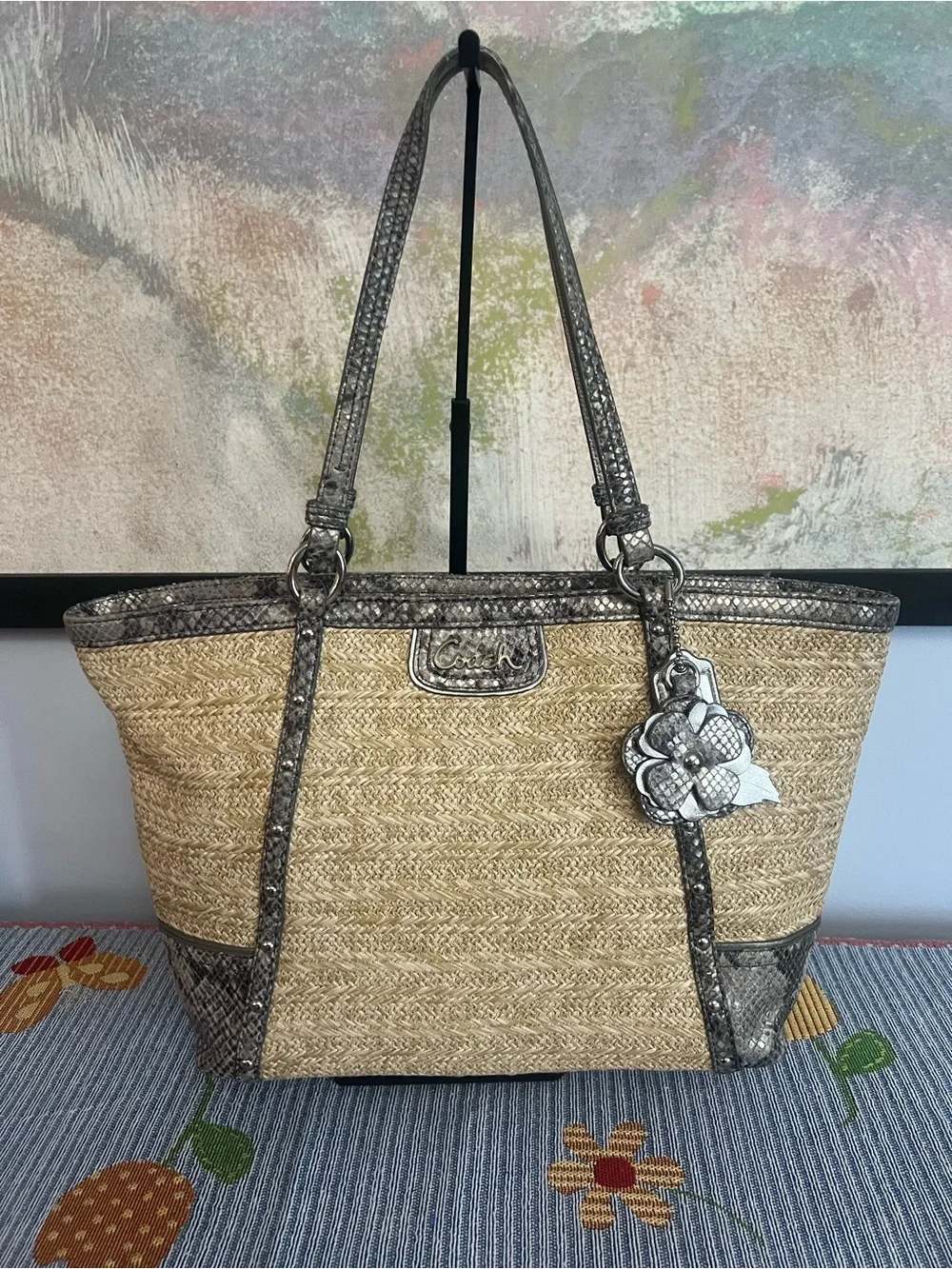 Coach 2013 Alexandra Straw Tote with Exotic Python Leather Trim