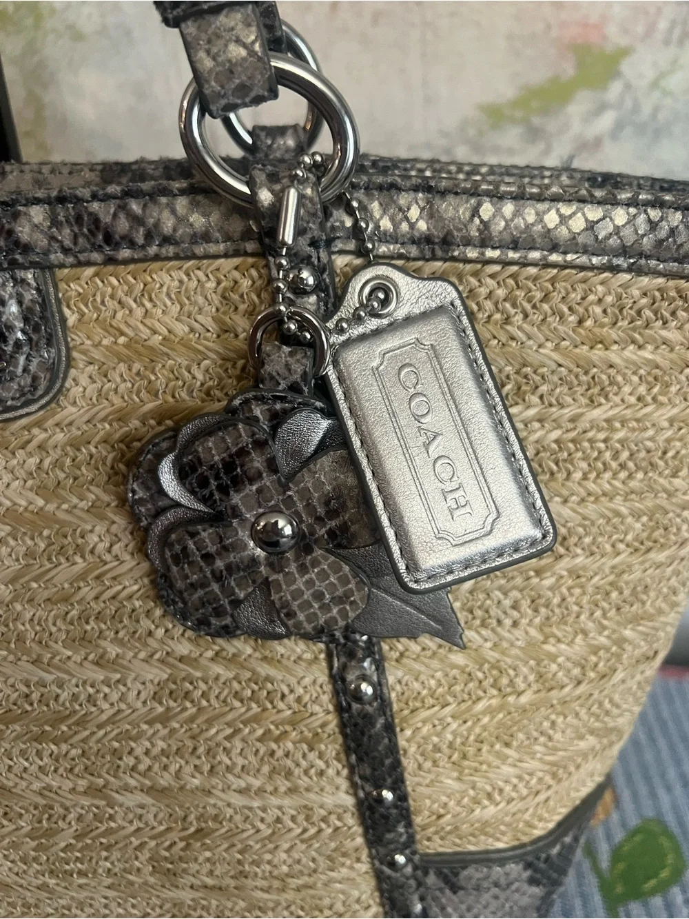 Coach 2013 Alexandra Straw Tote with Exotic Python Leather Trim
