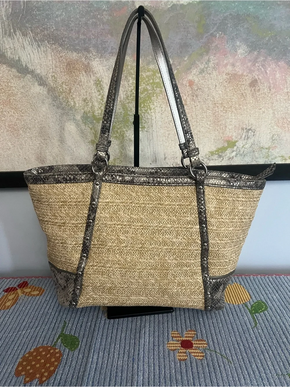 Coach 2013 Alexandra Straw Tote with Exotic Python Leather Trim