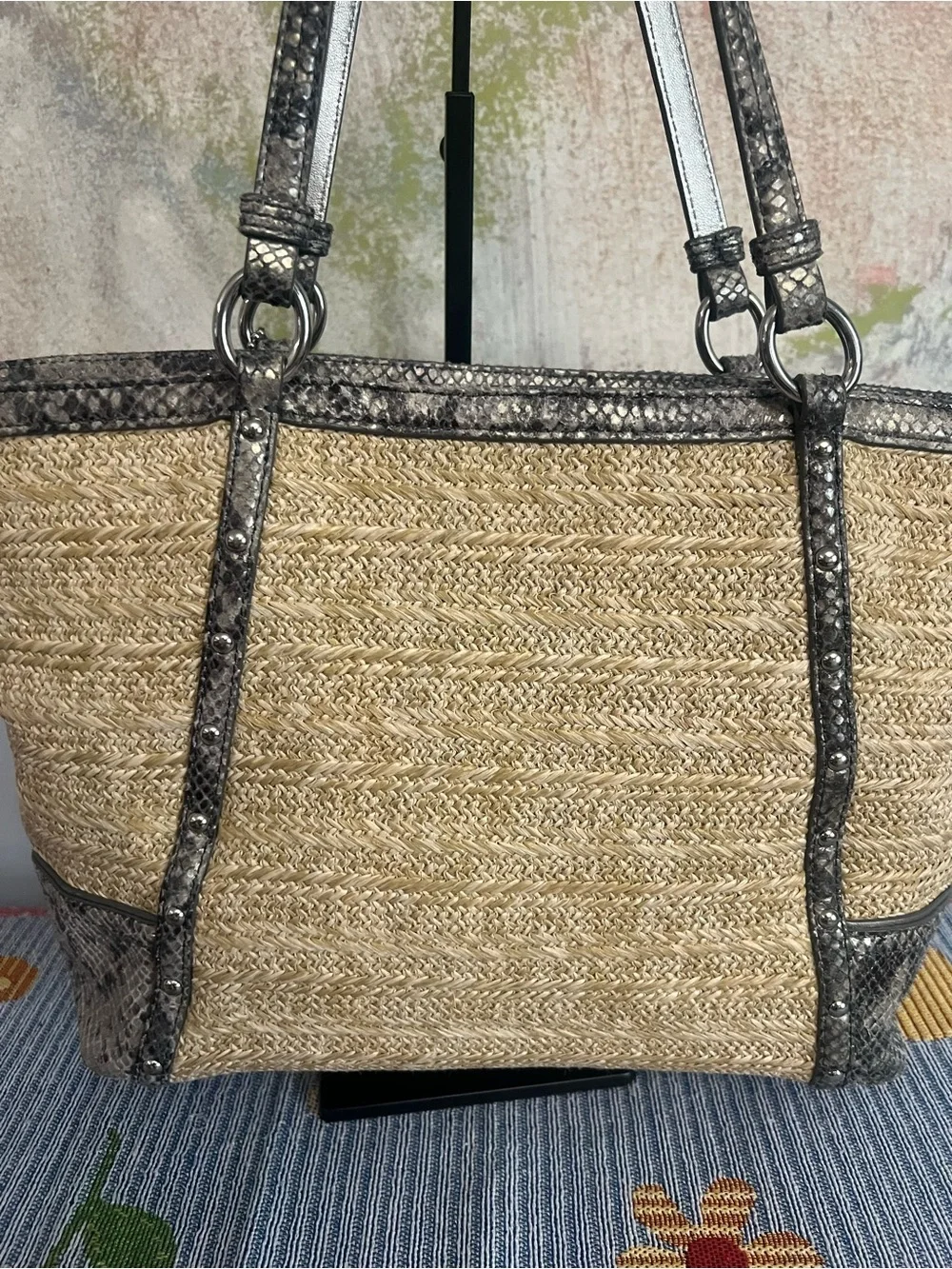 Coach 2013 Alexandra Straw Tote with Exotic Python Leather Trim