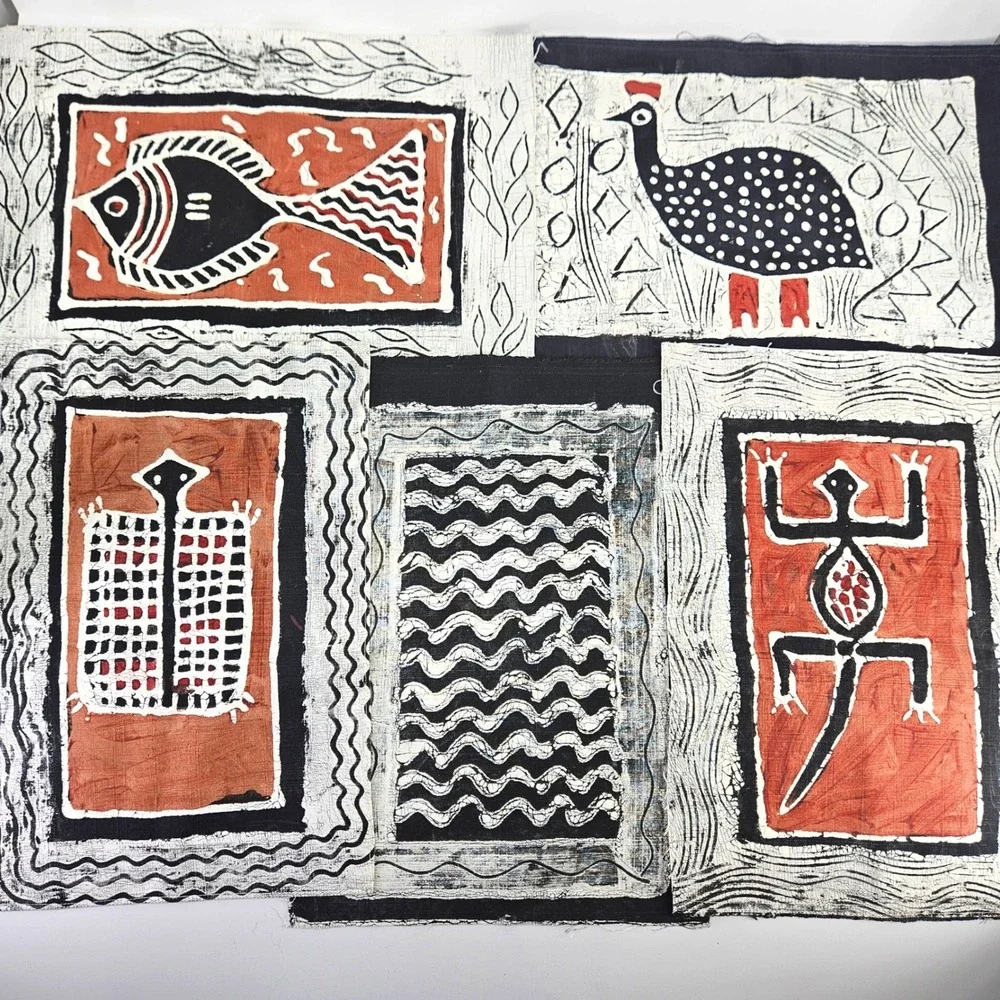 Vintage African Painted? Fabric Panels Set of 5 Guinea Fowl Lizard Abstract Art