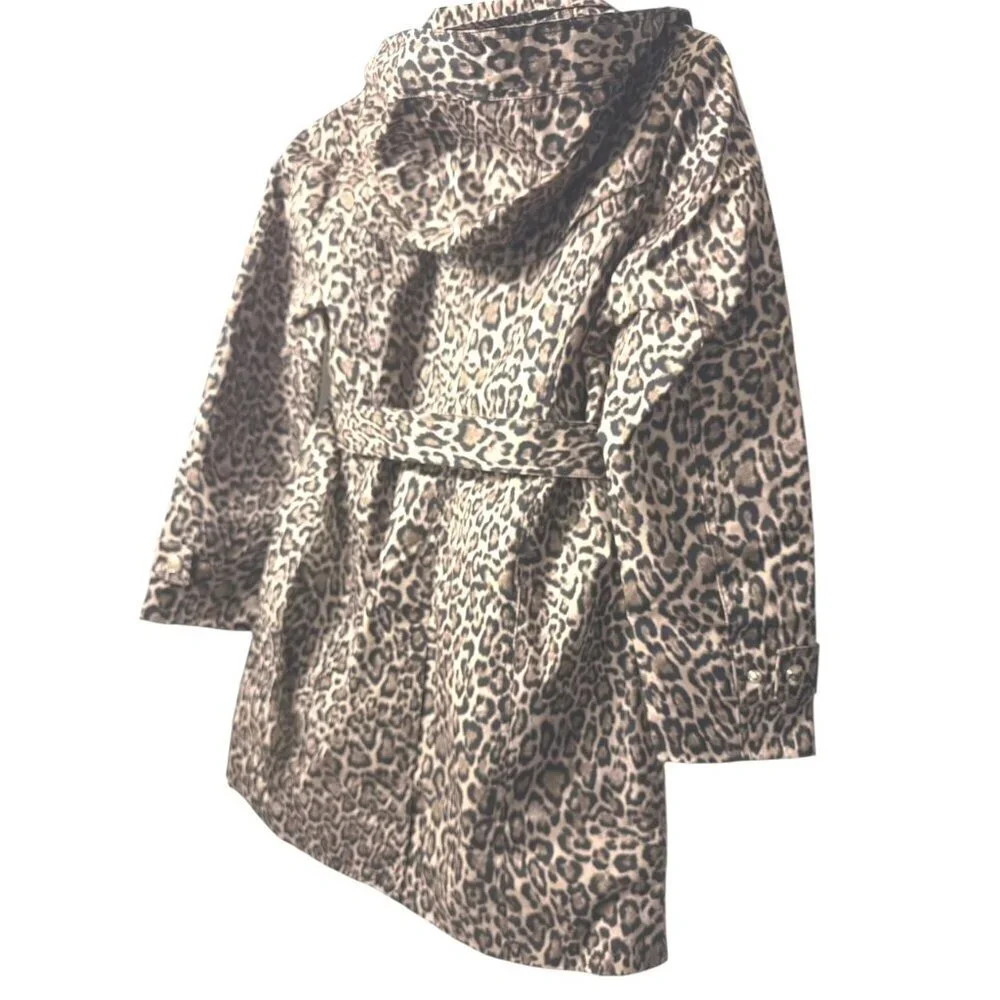 Michael Kors Womens Brown Leopard Zip Water Resistant Mid Trench Coat Sz L New
