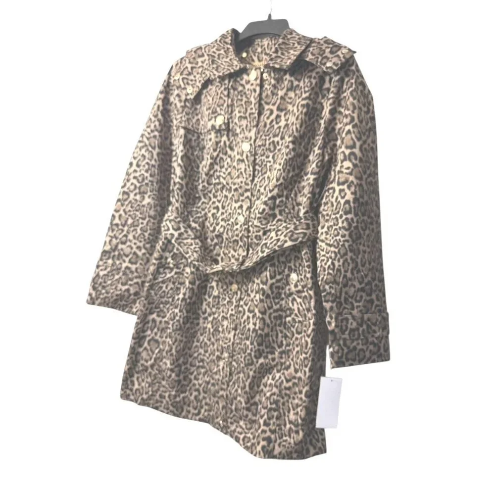 Michael Kors Womens Brown Leopard Zip Water Resistant Mid Trench Coat Sz L New