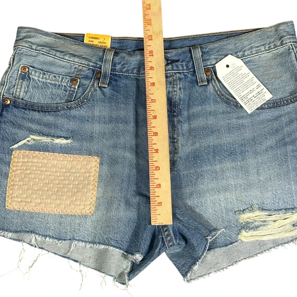 Levi's 501 Original Fit Shorts Women Size 30 Blue Distressed Patch Denim NEW
