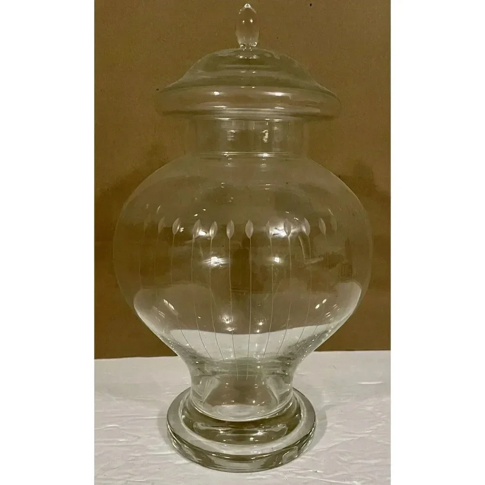 Clear Etched Glass Cookie Candy Jar Storage W/Lid 12 In H‎ x 7 In W 4.5 In Base