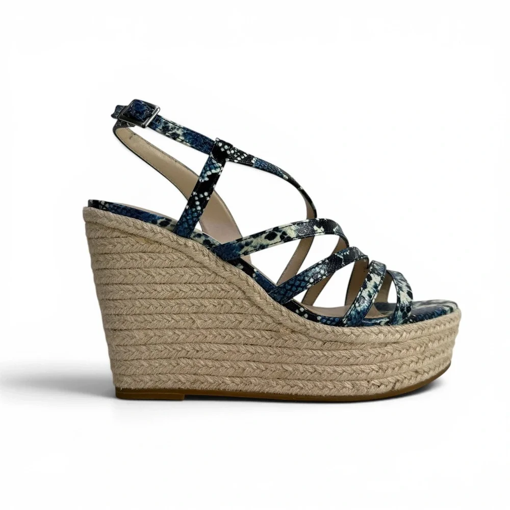 Pelle Moda Espadrille Wedge Sandals Platform Strappy Womens 6.5 M Blue Snakeskin