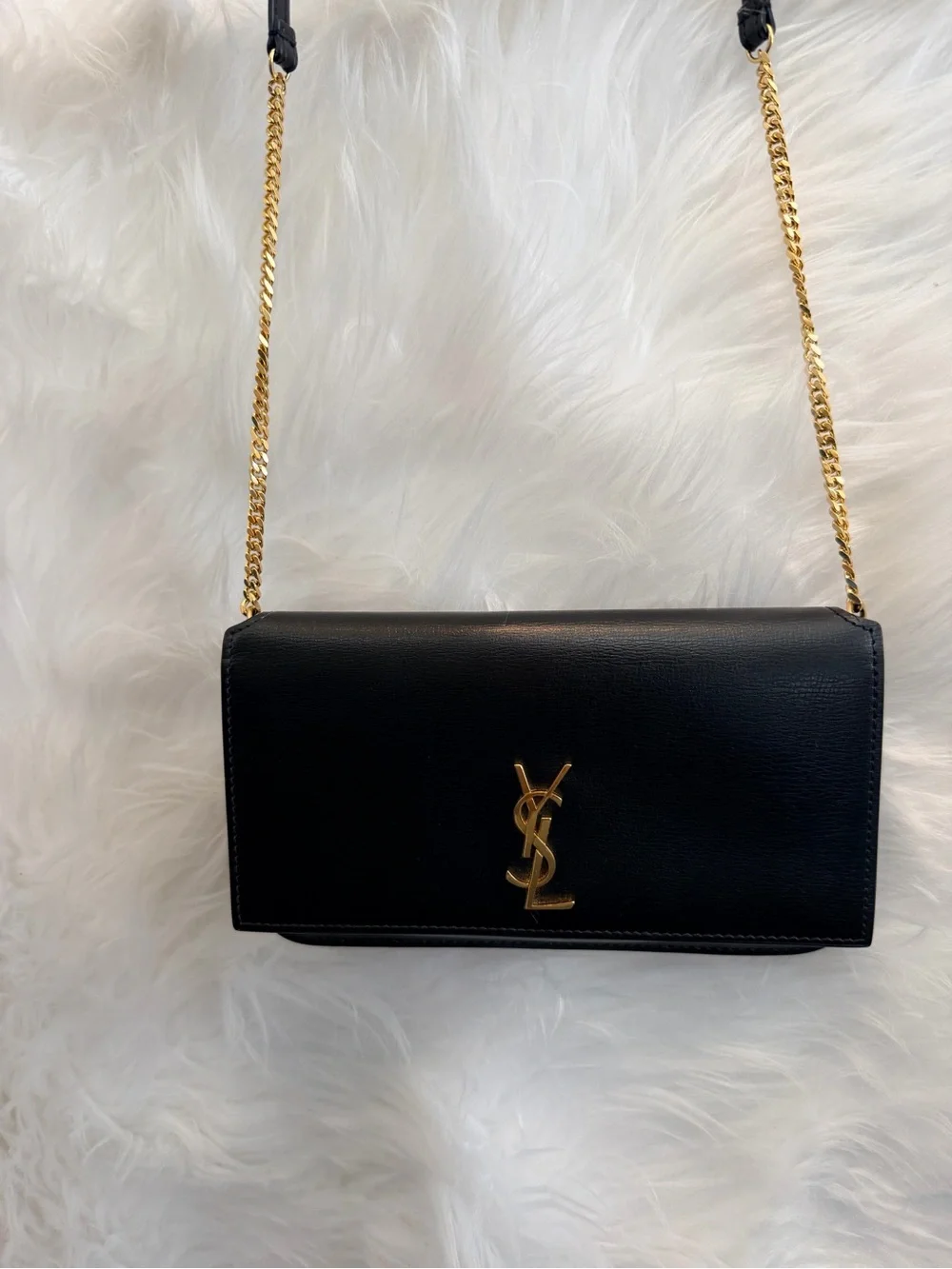 Saint Laurent Black Leather Crossbody phone holder with Gold YSL Chain