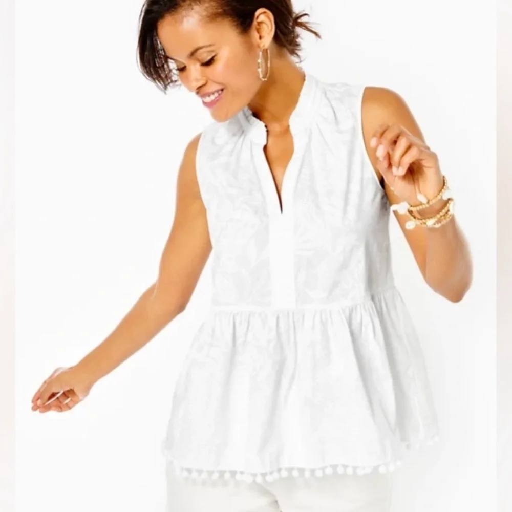 Lilly Pulitzer Novella Pom Pom Ruffle Sleeveless Blouse Top Size XXS
