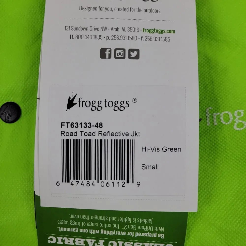 Frogg Toggs Road Toad Reflective Jacket Mens‎ Small Hi-Vis Green FT63133-48 NEW