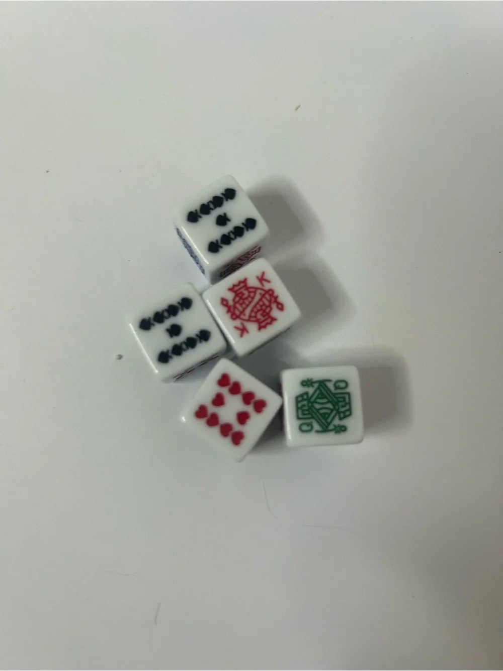 White Mahjong-Style Dice Set with Red, Black and Green Faces