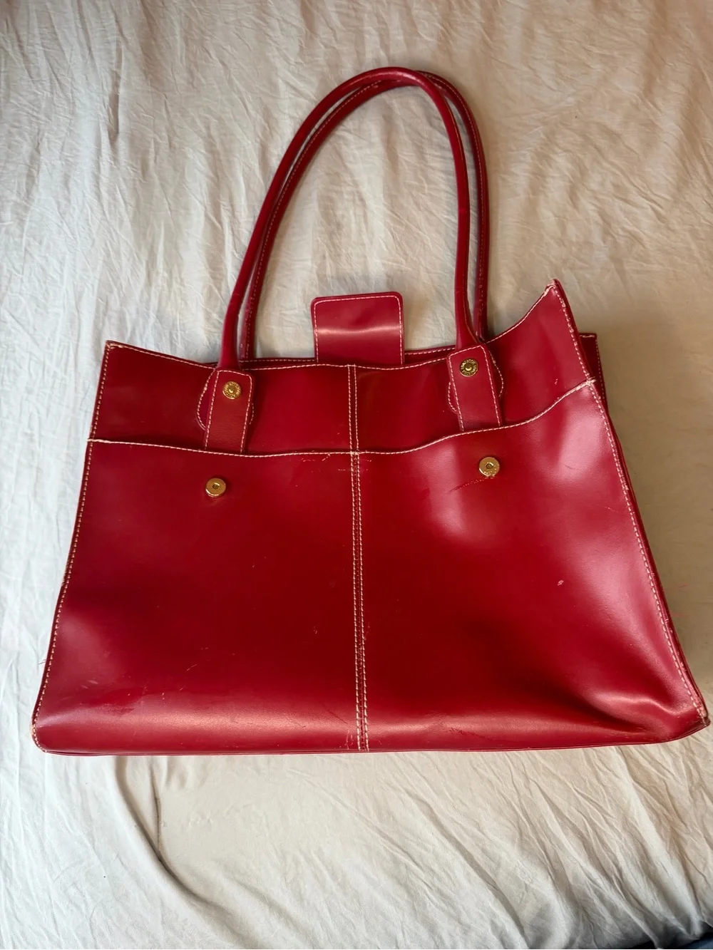 Red Leather Laptop Tote Bag with Dual Top Handles