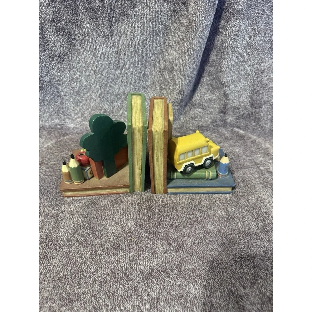 Vintage School Bookends Set Teacher Apple ABC Blocks Books Bus Decor Resin